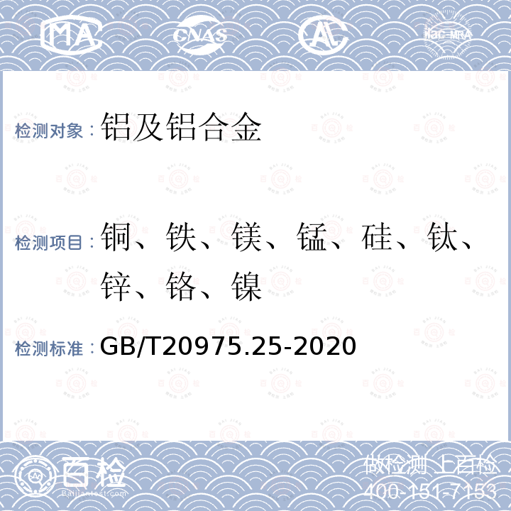 铜、铁、镁、锰、硅、钛、锌、铬、镍 铝及铝合金化学分析方法 第25部分:元素含量的测定 电感耦合等离子体原子发射光谱法