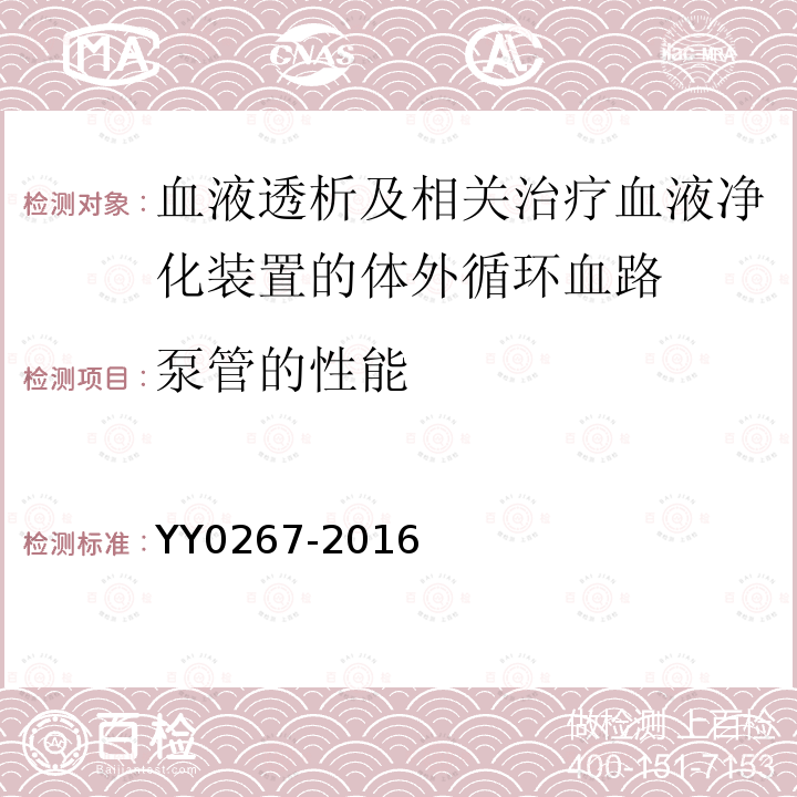 泵管的性能 YY 0267-2016 血液透析及相关治疗 血液净化装置的体外循环血路