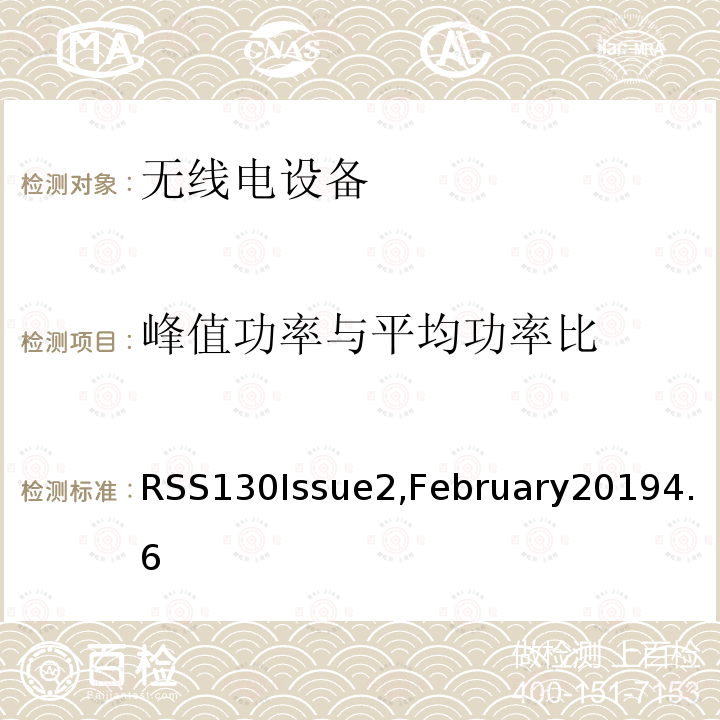 峰值功率与平均功率比 RSS130Issue2,February20194.6 在617-652 MHz, 663-698 MHz, 698-756 MHz和777-787 MHz频段工作的设备