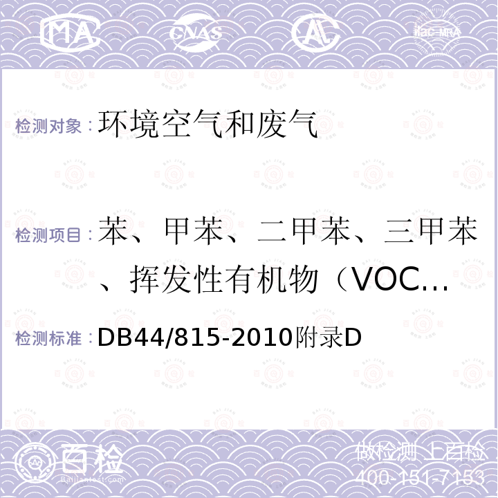 苯、甲苯、二甲苯、三甲苯、挥发性有机物（VOCs） DB44/ 815-2010 印刷行业挥发性有机化合物排放标准