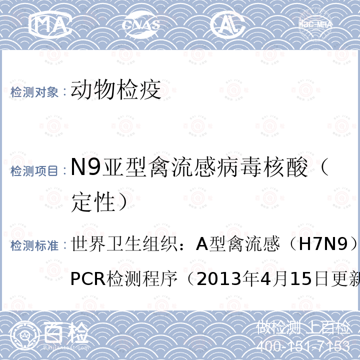 N9亚型禽流感病毒核酸（定性） 世界卫生组织：A型禽流感（H7N9）病毒实时荧光RT-PCR检测程序（2013年4月15日更新） 