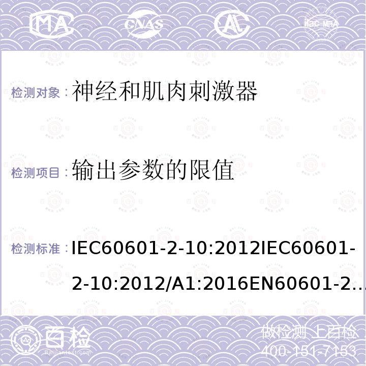 输出参数的限值 IEC 60601-2-10-2012 医用电气设备 第2-10部分:神经和肌肉刺激器的基本安全和主要性能专用要求