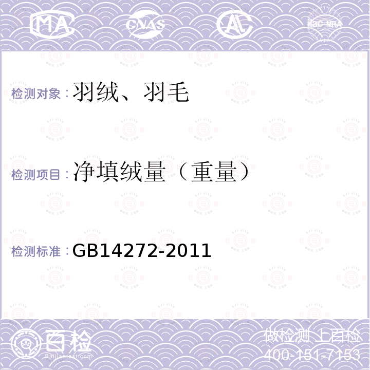 净填绒量（重量） GB/T 14272-2011 羽绒服装