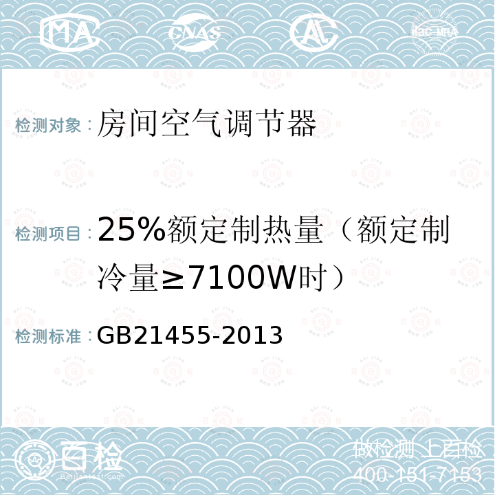 25%额定制热量（额定制冷量≥7100W时） GB 21455-2013 转速可控型房间空气调节器能效限定值及能效等级