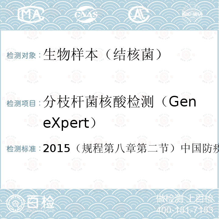 分枝杆菌核酸检测（GeneXpert） 2015（规程第八章第二节）中国防痨协会2015版 结核病诊断实验室检验规程