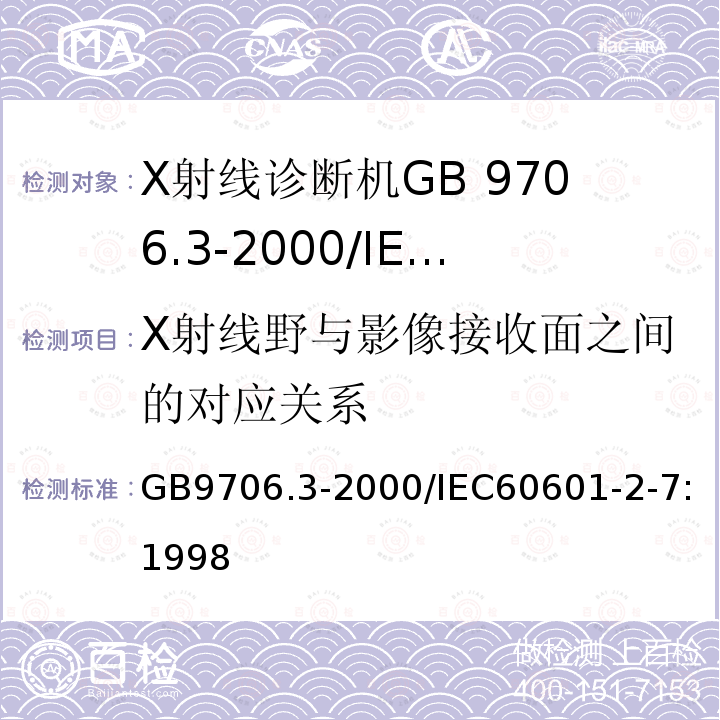 X射线野与影像接收面之间的对应关系 GB 9706.3-2000 医用电气设备 第2部分:诊断X射线发生装置的高压发生器安全专用要求(附第1号修改单)