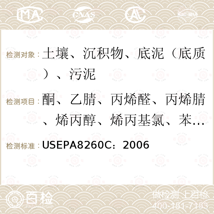 酮、乙腈、丙烯醛、丙烯腈、烯丙醇、烯丙基氯、苯、溴丙酮、溴氯甲烷、溴二氯甲烷、溴仿、溴甲烷、正丁醇、2-丁酮（MEK）、叔丁醇、二硫化碳、四氯化碳、水合氯醛、氯苯、氯二溴甲烷、氯乙烷、2-氯乙醇、2-氯乙基乙烯基醚、氯仿、氯甲烷、氯丁二烯、1,2-二溴-3-氯丙烷、1,2-二溴乙烷、二溴甲烷、1,2-二氯苯 USEPA 8260C GC/MS 法测定挥发性有机化合物 美国环保署试验方法