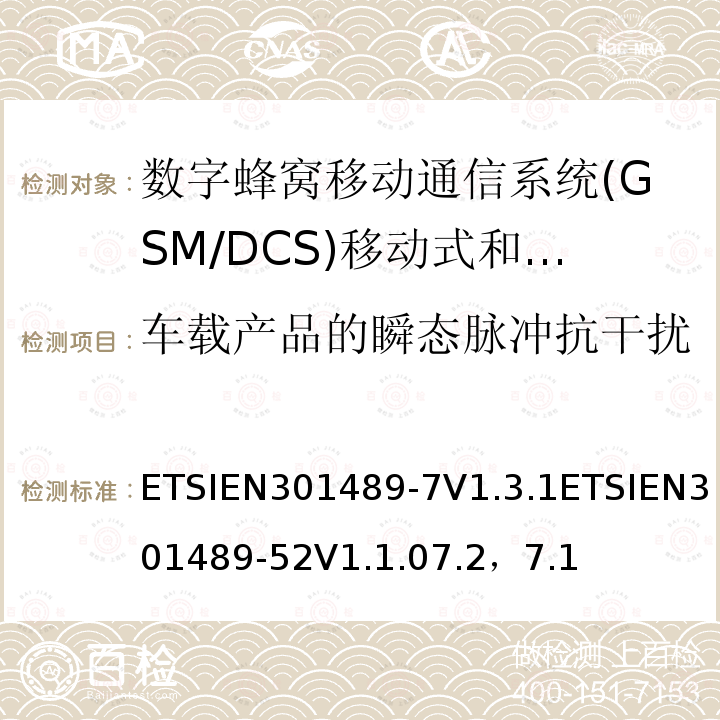 车载产品的瞬态脉冲抗干扰 ETSIEN301489-7V1.3.1ETSIEN301489-52V1.1.07.2，7.1 电磁兼容性及无线电频谱管理（ERM）; 射频设备和服务的电磁兼容性（EMC）标准第7部分:数字蜂窝移动通信系统(GSM/DCS)移动式和便携式设备及其辅助设备的特别要求