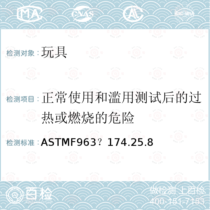 正常使用和滥用测试后的过热或燃烧的危险 ASTM F963-2011 玩具安全标准消费者安全规范