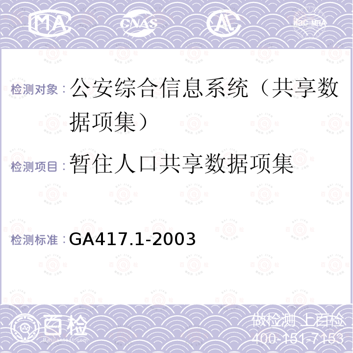 暂住人口共享数据项集 GA 417.1-2003 公安综合信息系统规范 第1部分:共享数据项集