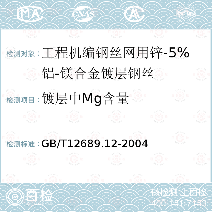 镀层中Mg含量 锌及锌合金化学分析方法 铅、镉、铁、铜、锡、铝、砷、锑、镁、镧、铈量的测定 电感耦合等离子体--发射光谱法