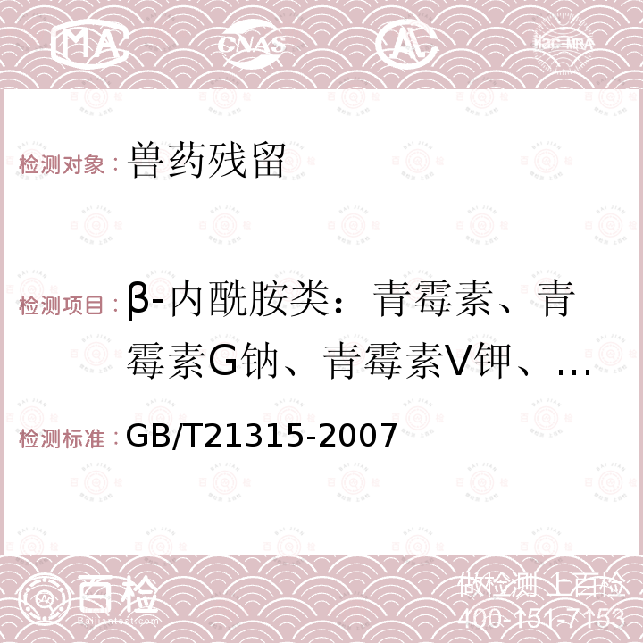 β-内酰胺类：青霉素、青霉素G钠、青霉素V钾、氨卞西林钠(氨卞西林)、阿莫西林、乙氧萘青霉素钠、苯唑西林钠(苯唑西林)、双氯西林钠、苯唑西林、氨苄青霉素、氯唑西林、头孢喹肟、头孢氨苄、氨苄西林、氯唑西林 GB/T 21315-2007 动物源性食品中青霉素族抗生素残留量检测方法 液相色谱-质谱/质谱法