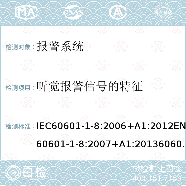 听觉报警信号的特征 IEC 60601-1-8-2006+Amd 1-2012 医用电气设备 第1-8部分:基本安全和基本性能通用要求 并列标准:医用电气设备和医用电气系统中的警报系统的通用要求、测试和指南