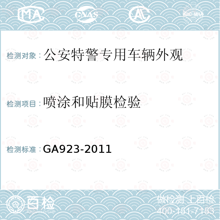喷涂和贴膜检验 GA 923-2011 公安特警专用车辆外观制式涂装规范