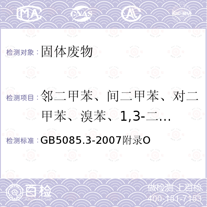 邻二甲苯、间二甲苯、对二甲苯、溴苯、1,3-二氯丙烷、正丁基苯、2,2-二氯丙烷、仲丁基苯、1,1-二氯丙烷、叔丁基苯、p-异丙醇甲苯、氯代乙腈、甲基丙烯酸酯、1－氯丁烷、甲基叔丁基醚、1-氯己烷、五氟苯、2-氯甲苯、正丙基苯、4-氯甲苯、1,2,3-三氯苯、二溴氟代甲烷、1,2,4-三甲基苯、顺式-1,2-二氯乙烯、1,3,5-三甲基苯 GB 5085.3-2007 危险废物鉴别标准 浸出毒性鉴别