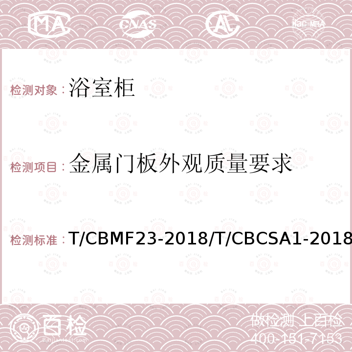 金属门板外观质量要求 T/CBMF23-2018/T/CBCSA1-2018 浴室柜