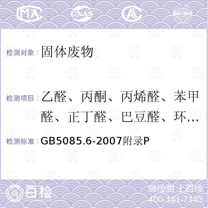 乙醛、丙酮、丙烯醛、苯甲醛、正丁醛、巴豆醛、环己酮、癸醛、2,5-二甲基苯甲醛、甲醛、庚醛、己醛、异戊醛、壬醛、辛醛、戊醛、丙醛、间-甲基苯甲醛、邻-甲基苯甲醛对-甲基苯甲醛 GB 5085.6-2007 危险废物鉴别标准 毒性物质含量鉴别