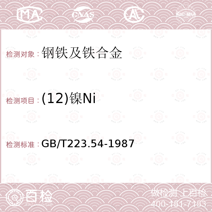 (12)镍Ni GB/T 223.54-1987 钢铁及合金化学分析方法 火焰原子吸收分光光度法测定镍量