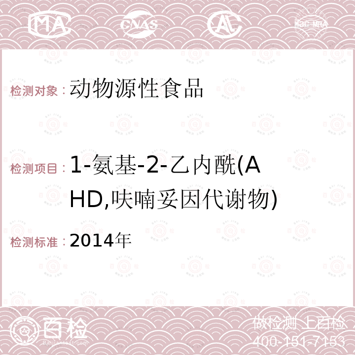 1-氨基-2-乙内酰(AHD,呋喃妥因代谢物) 2014年 国家食品安全风险评估中心 国家食品中化学污染物和有害因素监测工作手册