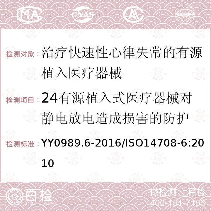 24有源植入式医疗器械对静电放电造成损害的防护 YY 0989.6-2016 手术植入物 有源植入医疗器械 第6部分：治疗快速性心律失常的有源植入医疗器械（包括植入式除颤器）的专用要求