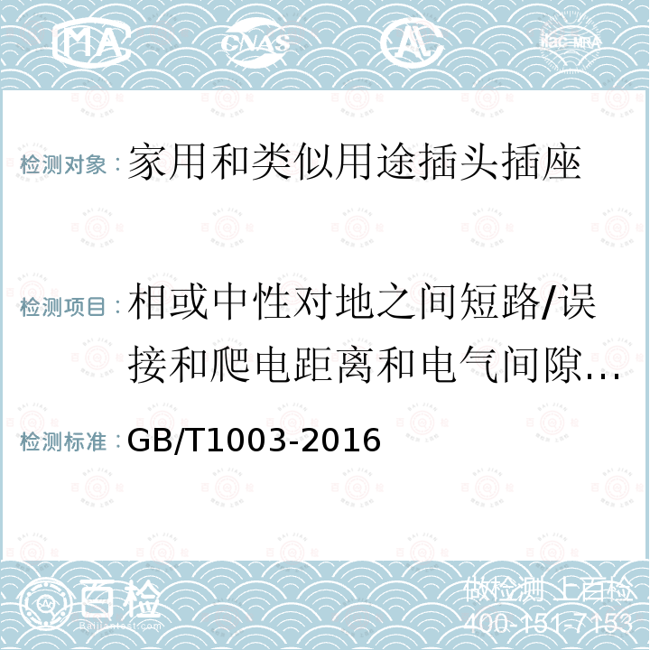 相或中性对地之间短路/误接和爬电距离和电气间隙降低 GB/T 1003-2016 家用和类似用途三相插头插座 型式、基本参数和尺寸