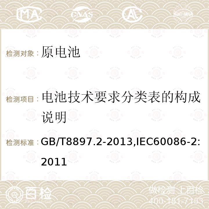 电池技术要求分类表的构成说明 原电池 第 2 部分:外形尺寸和技术要求