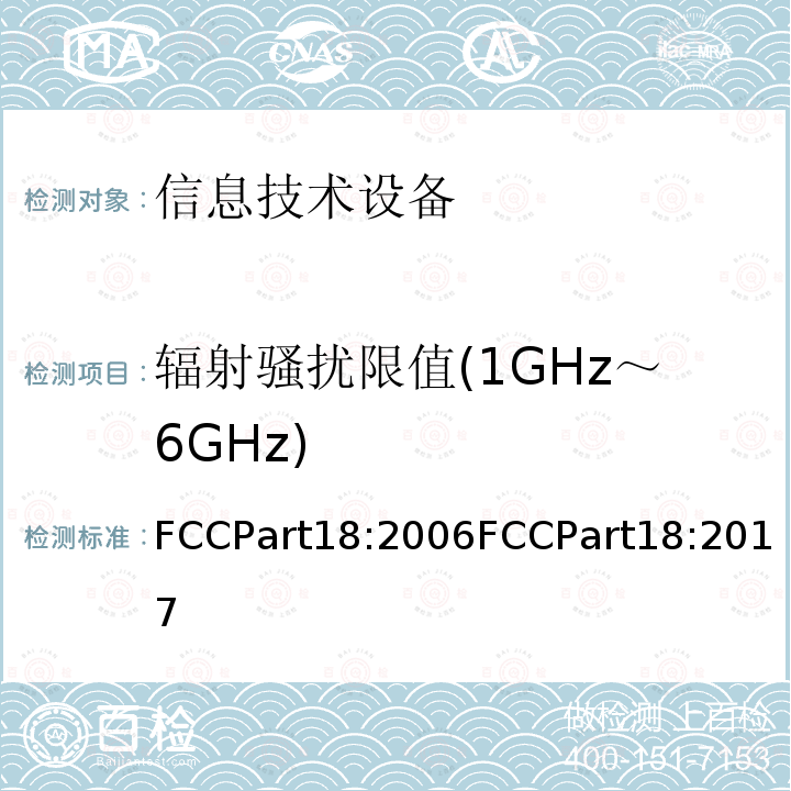 辐射骚扰限值(1GHz～6GHz) FCCPart18:2006FCCPart18:2017 工业、科学、医疗设备