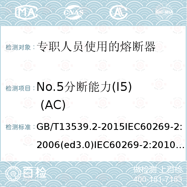 No.5分断能力(I5) (AC) GB/T 13539.2-2015 低压熔断器 第2部分:专职人员使用的熔断器的补充要求(主要用于工业的熔断器)标准化熔断器系统示例A至K