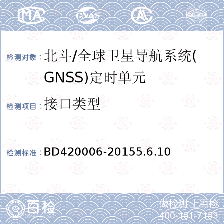 接口类型 BD420006-20155.6.10 北斗/全球卫星导航系统（GNSS）定时单元性能要求及测试方法