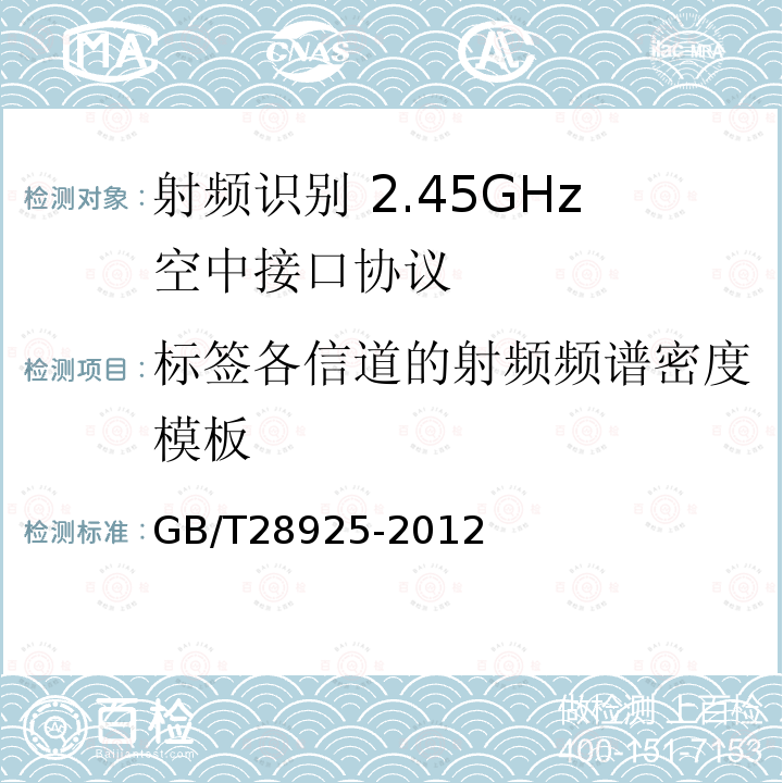 标签各信道的射频频谱密度模板 GB/T 28925-2012 信息技术 射频识别 2.45GHz空中接口协议