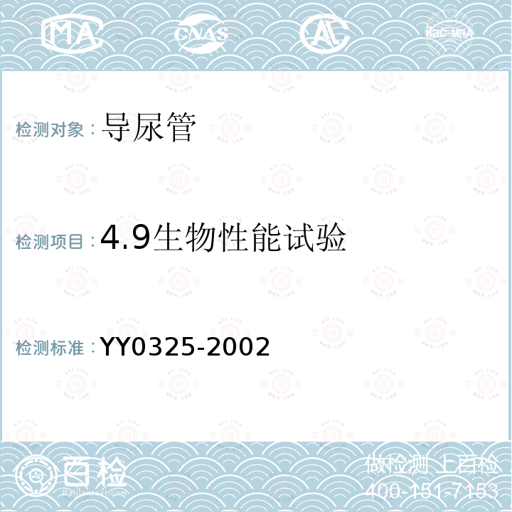 4.9生物性能试验 YY 0325-2002 一次性使用无菌导尿管