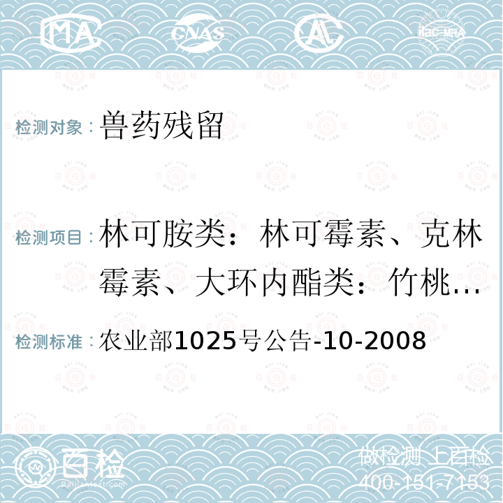 林可胺类：林可霉素、克林霉素、大环内酯类：竹桃霉素，红霉素、麦迪霉素、螺旋霉素、乙酰螺旋霉素、阿奇霉素、克拉霉素、罗红霉素、替米考星、泰乐菌素、吉它霉素 农业部1025号公告-10-2008 动物源性食品中替米考星残留检测 高效液相色谱法