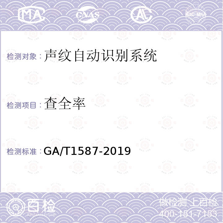 查全率 GA/T 1587-2019 声纹自动识别系统测试规范