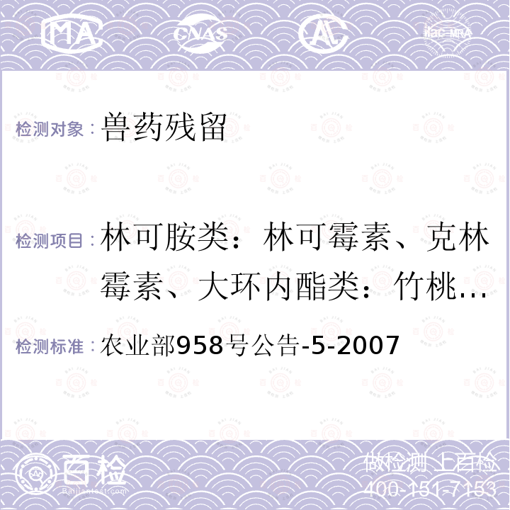 林可胺类：林可霉素、克林霉素、大环内酯类：竹桃霉素，红霉素、麦迪霉素、螺旋霉素、乙酰螺旋霉素、阿奇霉素、克拉霉素、罗红霉素、替米考星、泰乐菌素、吉它霉素 农业部958号公告-5-2007 鸡可食性组织中泰乐菌素残留检测方法 高效液相色谱法