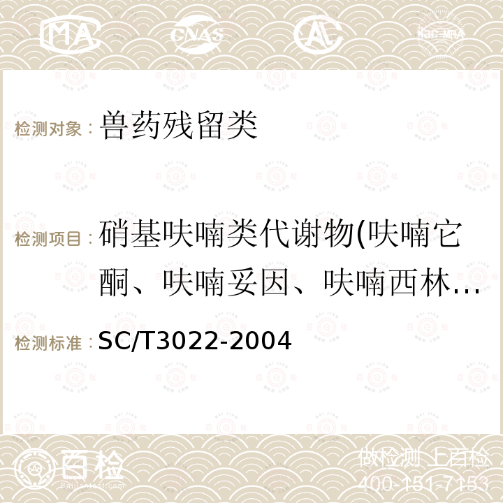 硝基呋喃类代谢物(呋喃它酮、呋喃妥因、呋喃西林、呋喃唑酮) SC/T 3022-2004 水产品中呋喃唑酮残留量的测定 液相色谱法