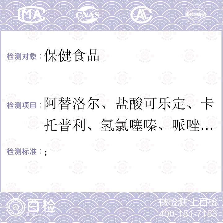 阿替洛尔、盐酸可乐定、卡托普利、氢氯噻嗪、哌唑嗪、利血平、硝苯地平 国家食品药品监督管理局药品检验补充检验方法和检验项目批准件2009032 降压类中成药中非法添加化学药品补充检验方法