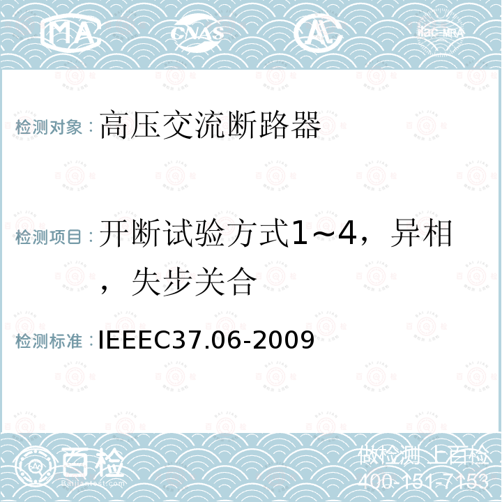 开断试验方式1~4，异相，失步关合 IEEEC37.06-2009 基于平衡电流的额定交流高压电路断路器首选的额定值和相关要求的容量