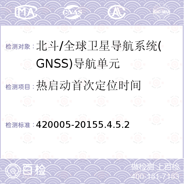 热启动首次定位时间 420005-20155.4.5.2 北斗/全球卫星导航系统(GNSS)导航单元性能要求及测试方法BD