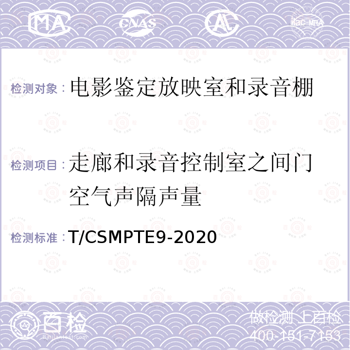 走廊和录音控制室之
间门空气声隔声量 电影鉴定放映室和录音棚技术要求和测量方法