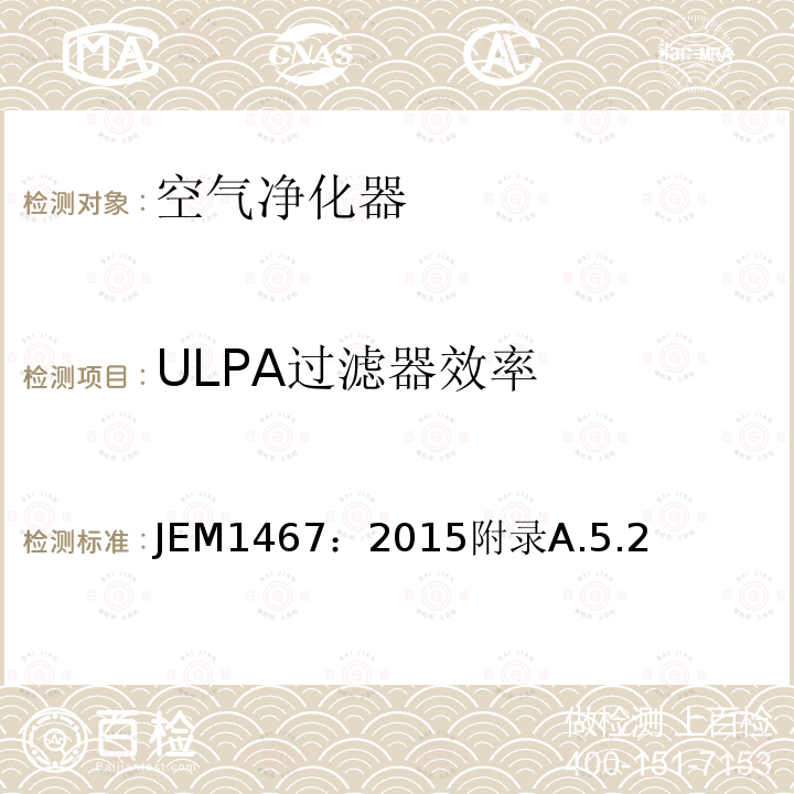 ULPA过滤器效率 JEM1467：2015附录A.5.2 家庭用空气净化器