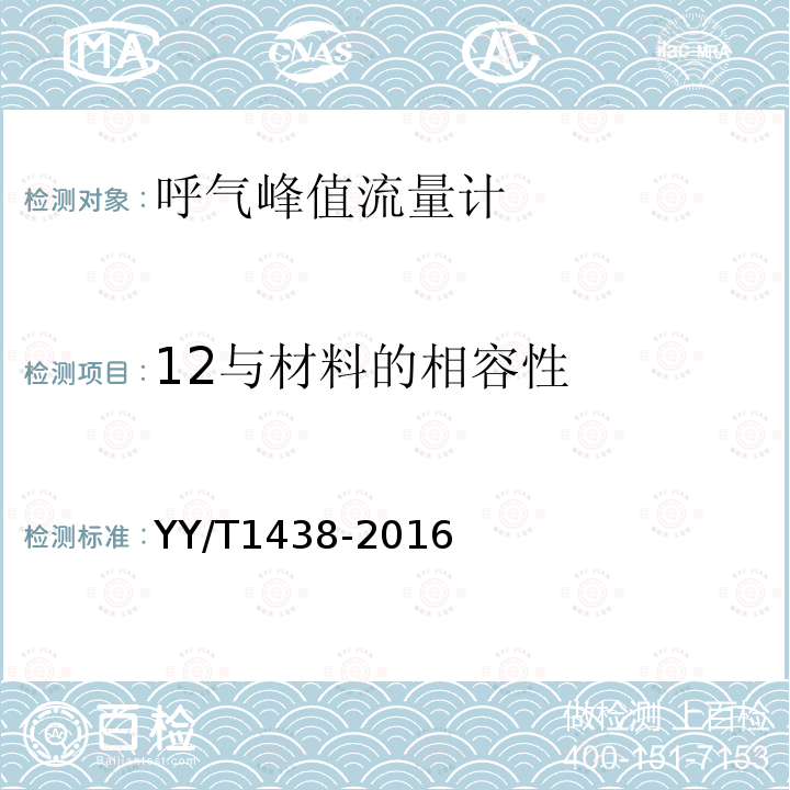 12与材料的相容性 YY/T 1438-2016 麻醉和呼吸设备 评价自主呼吸者肺功能的呼气峰值流量计