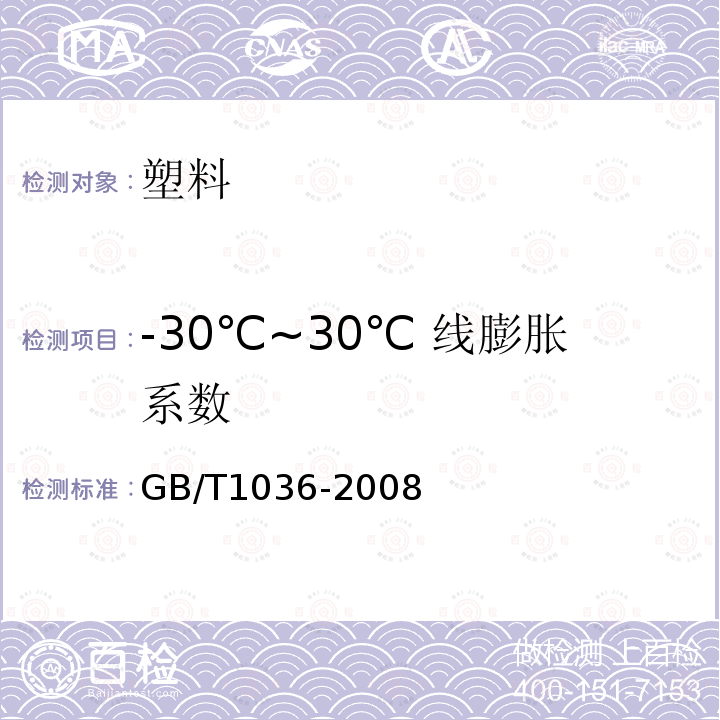 -30℃~30℃ 线膨胀系数 GB/T 1036-2008 塑料 -30℃～30℃线膨胀系数的测定 石英膨胀计法