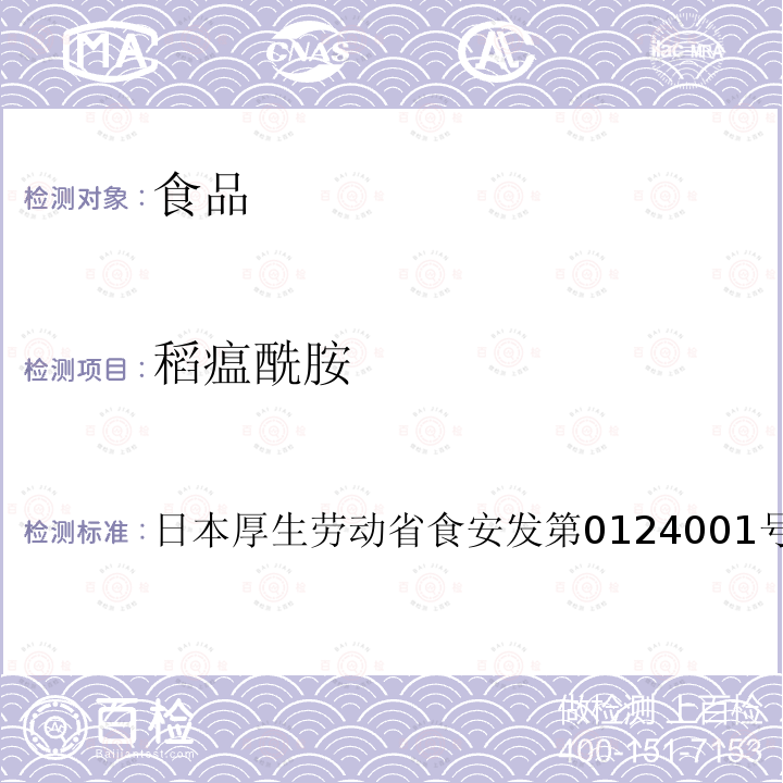 稻瘟酰胺 日本厚生劳动省食安发第0124001号 食品中农药残留、饲料添加剂及兽药的检测方法 GC/MS多农残一齐分析法（农产品）