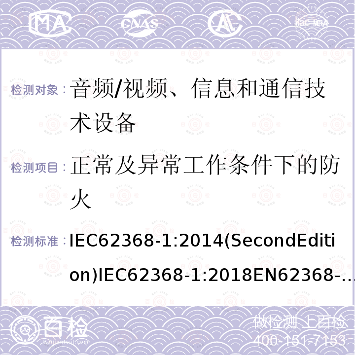 正常及异常工作条件下的防火 音频/视频、信息和通信技术设备-第1部分：安全要求