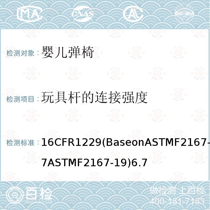 玩具杆的连接强度 16CFR1229(BaseonASTMF2167-17ASTMF2167-19)6.7 婴儿弹椅
