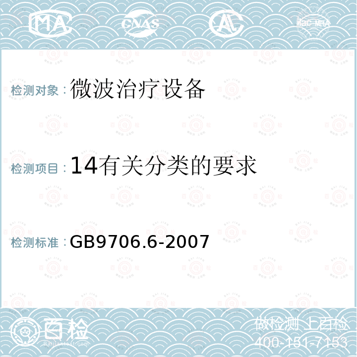 14有关分类的要求 医用电气设备 第二部分：微波治疗设备安全专用要求