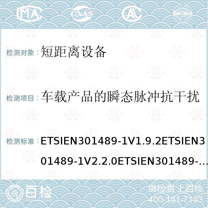 车载产品的瞬态脉冲抗干扰 ETSIEN301489-1V1.9.2ETSIEN301489-1V2.2.0ETSIEN301489-1V2.2.39.6 电磁兼容和射频频谱特性规范；无线射频和服务电磁兼容标准；第1部分：基本技术要求