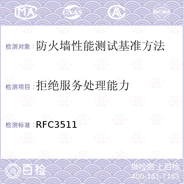 拒绝服务处理能力 RFC 3511 RFC3511：Benchmarking Methodology for Firewall Performance