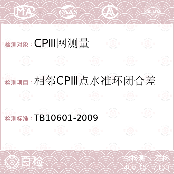 相邻CPⅢ点水准环闭合差 高速铁路工程测量规范 J962-2009