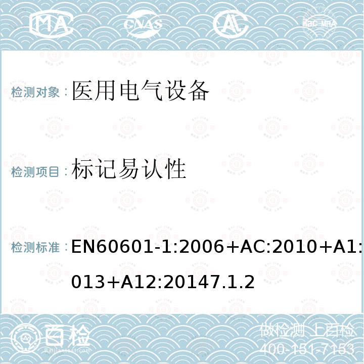 标记易认性 EN60601-1:2006+AC:2010+A1:2013+A12:20147.1.2 医用电气设备第1部分- 基本安全和基本性能的通用要求